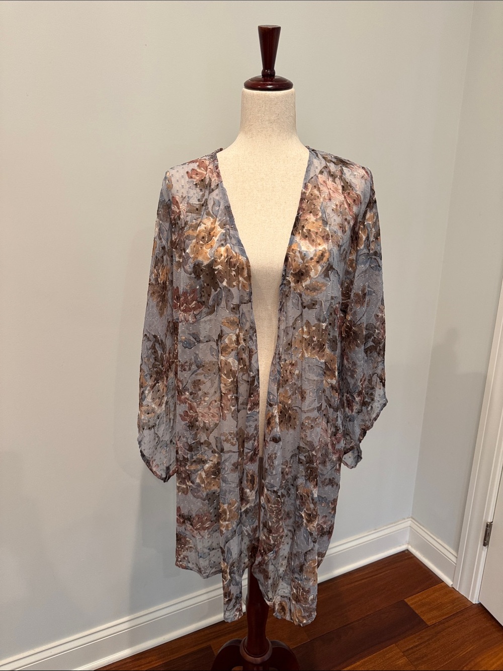Vince Camuto Sheer Floral Kimono in Light Blue and Brown